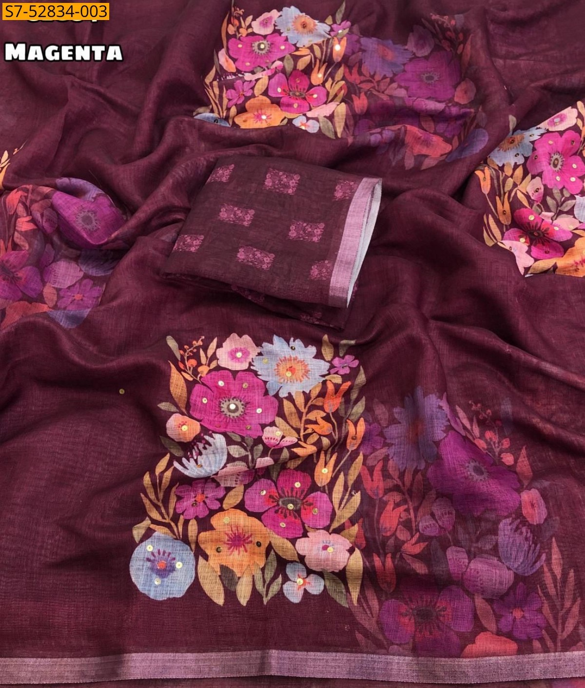 Magenta Linen Printed sarees