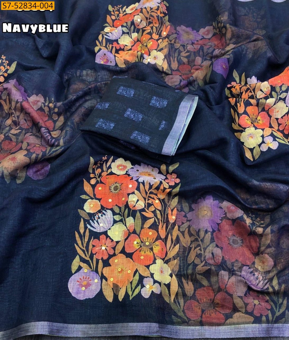 Navy Blue Linen Printed sarees