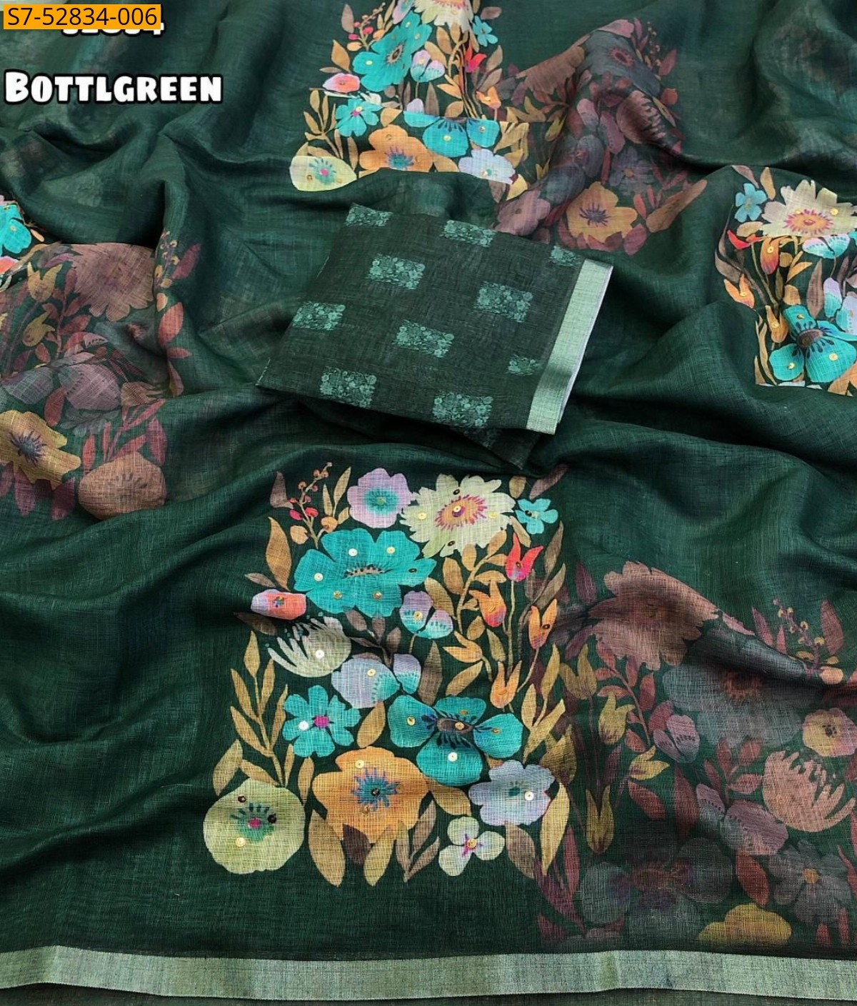 Linen Printed sarees - Bottle green