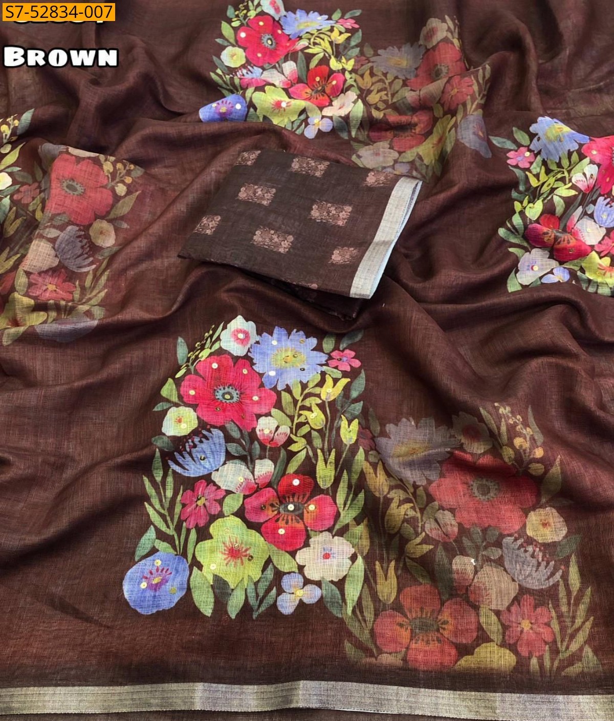 Brown Linen Printed sarees