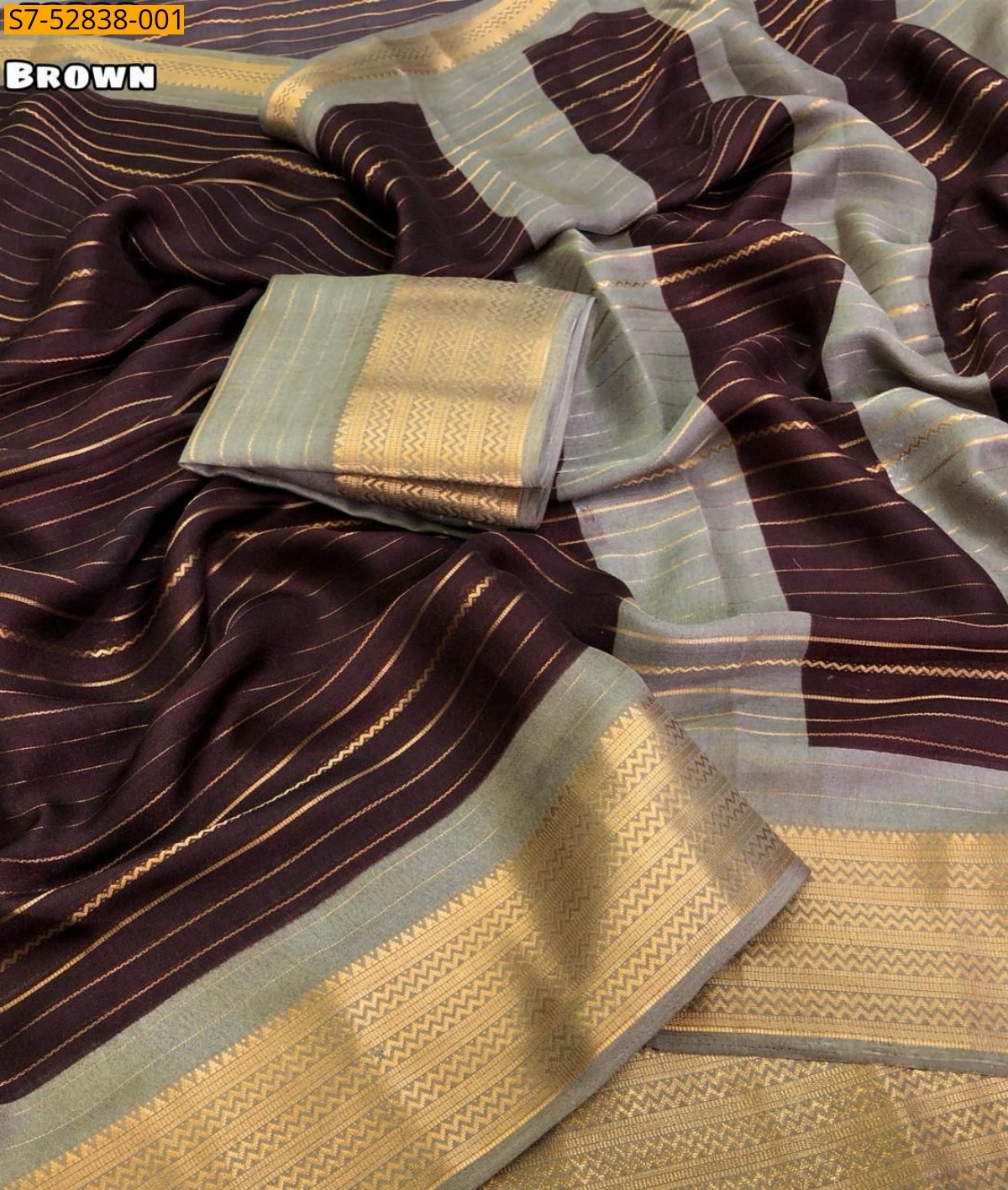 Brown Moss gold zari weaving lining Saree