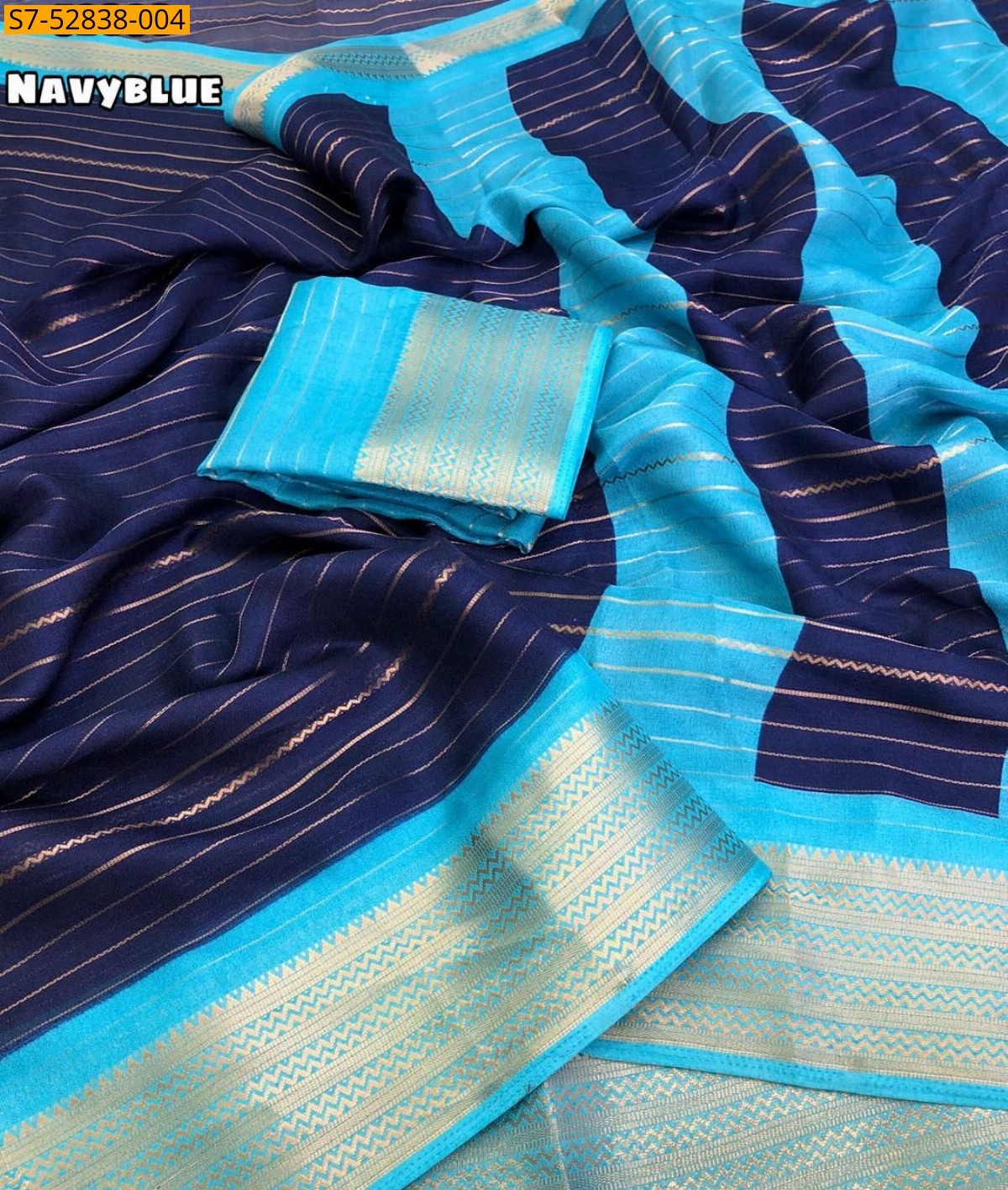 Navy Blue Moss gold zari weaving lining Saree