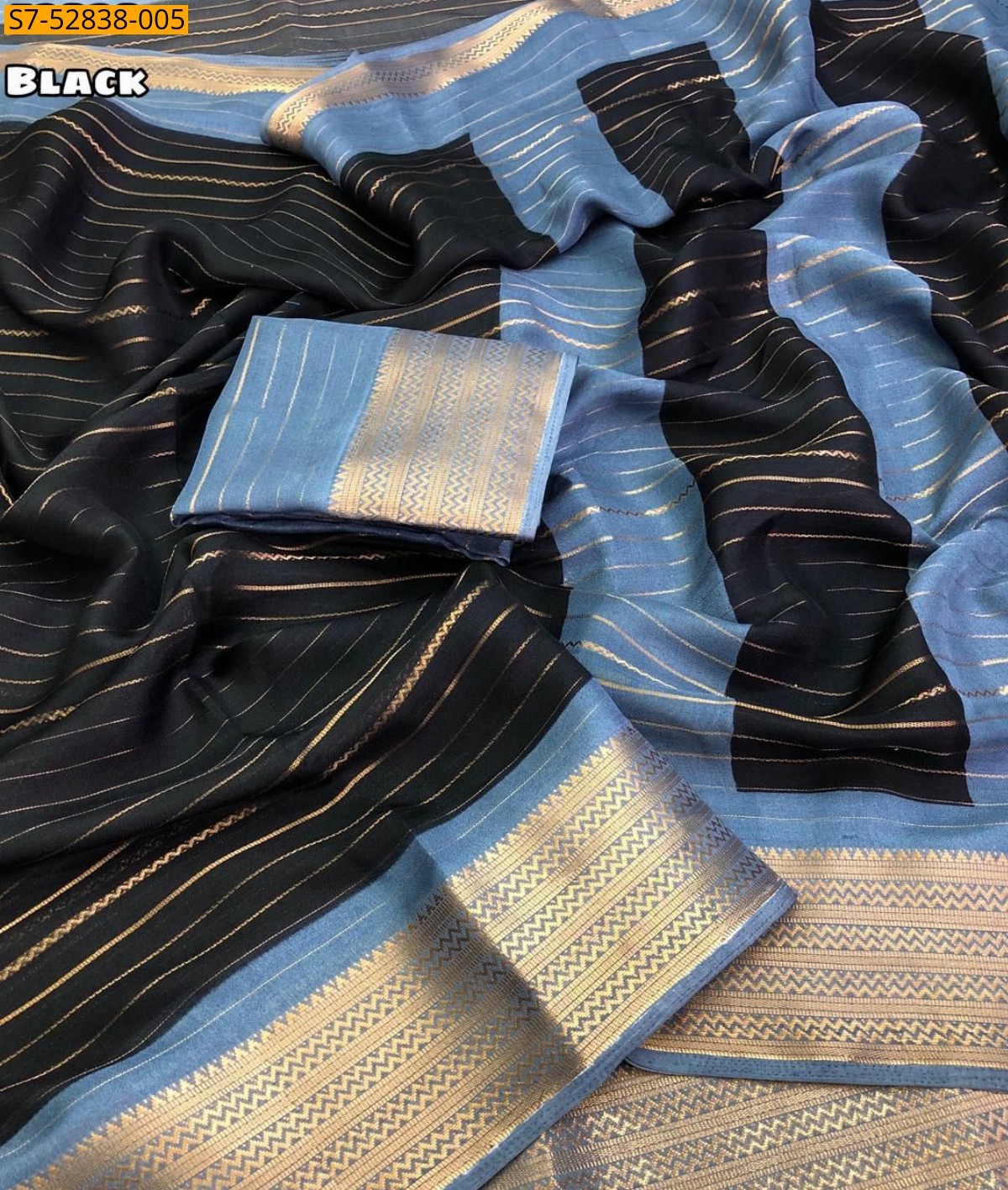 Black Moss gold zari weaving lining Saree