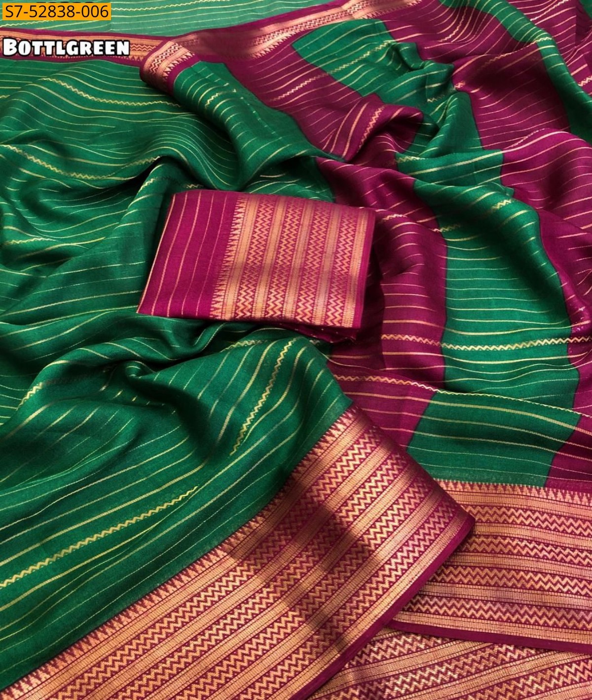 Bottle Green Moss gold zari weaving lining Saree