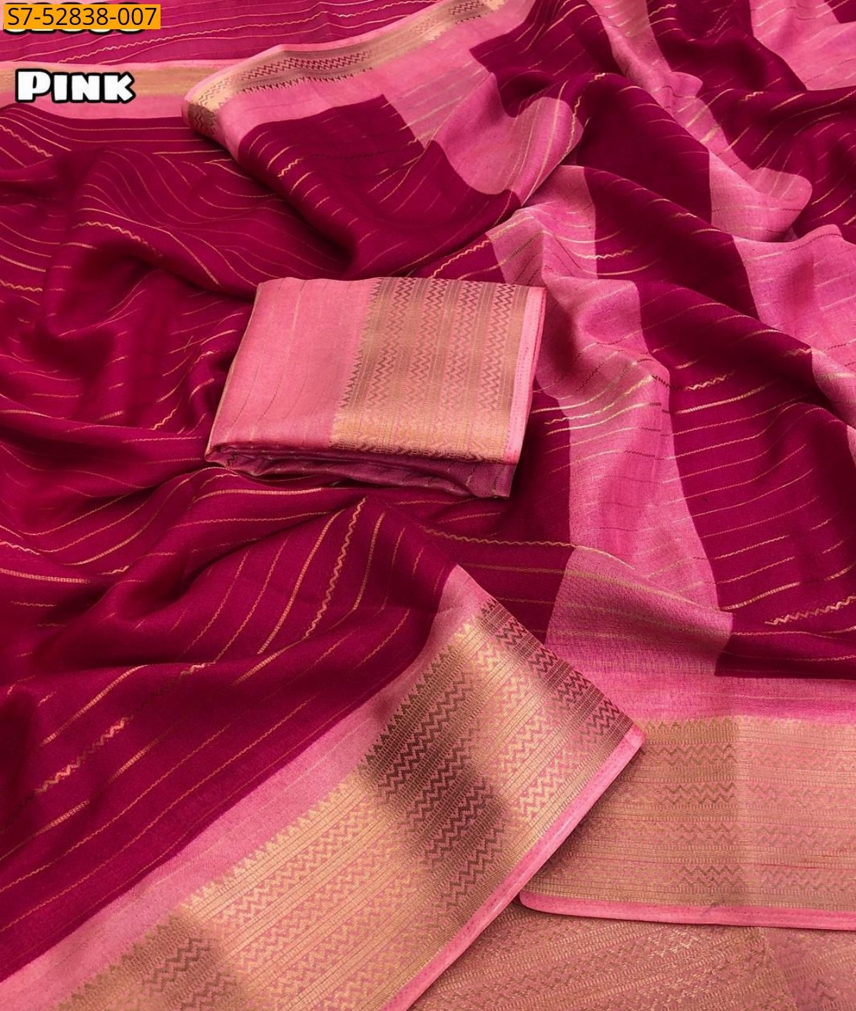 Pink Moss gold zari weaving lining Saree
