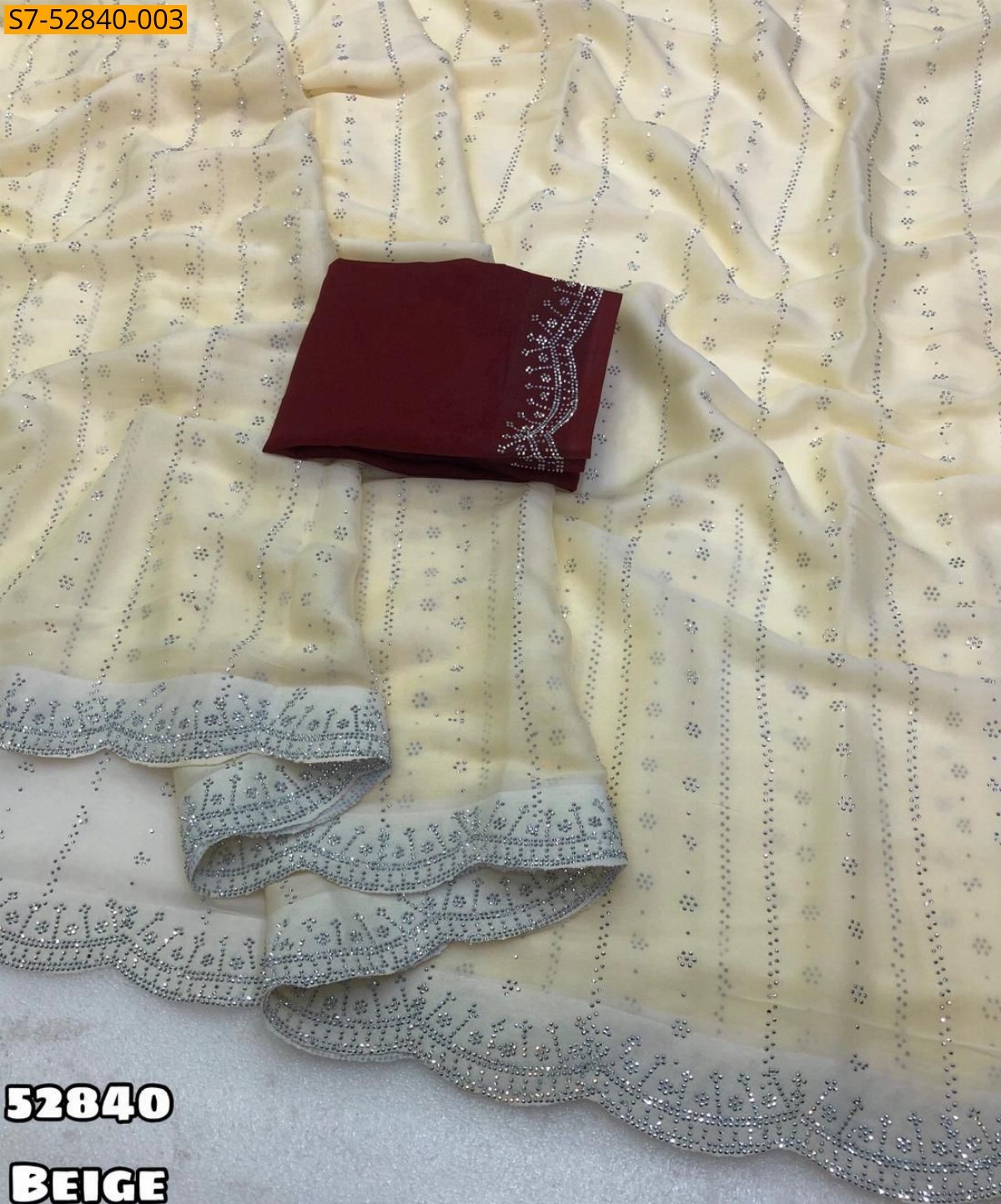 Beige Star Georgette Siroski Work Saree