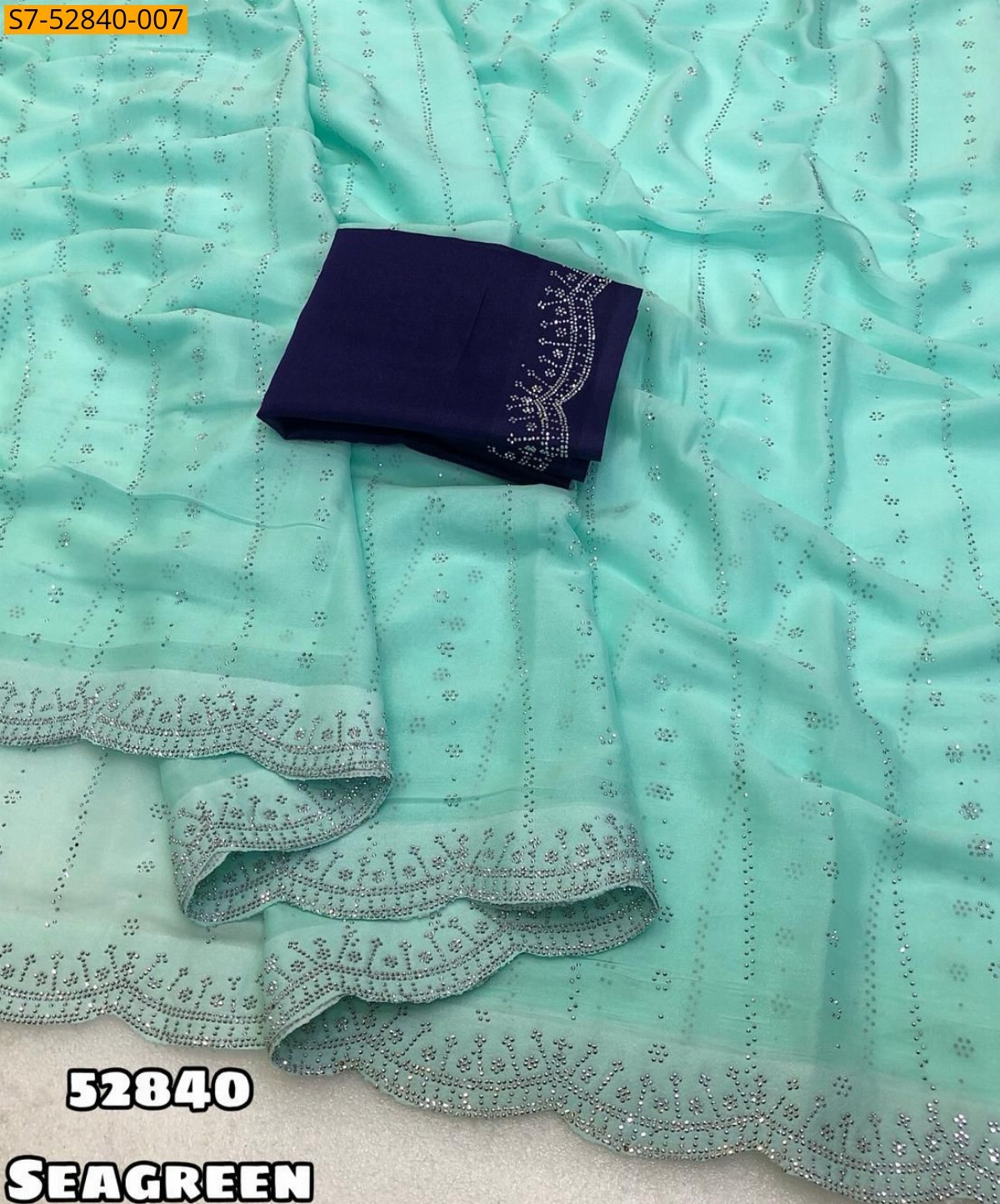 Sea Green Star Georgette Siroski Work Saree