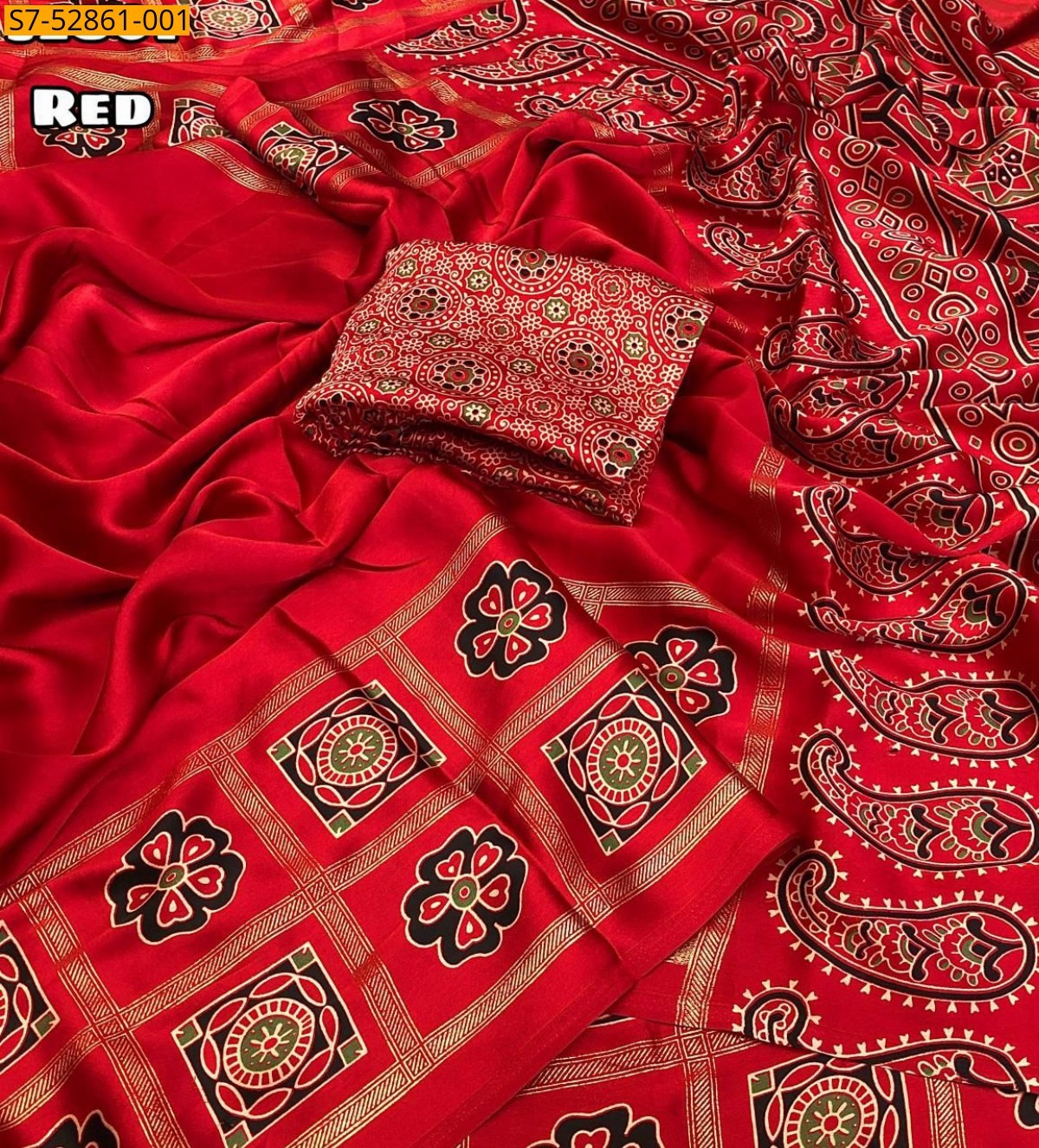 Red Satin Geometrical Foil Printed Saree