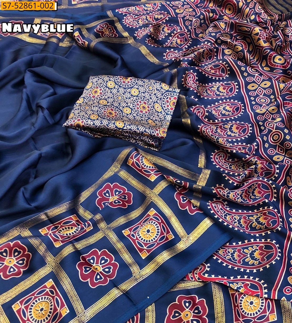 Navy Blue Satin Geometrical Foil Printed Saree