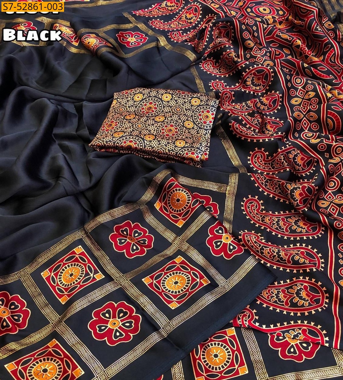 Black Satin Geometrical Foil Printed Saree
