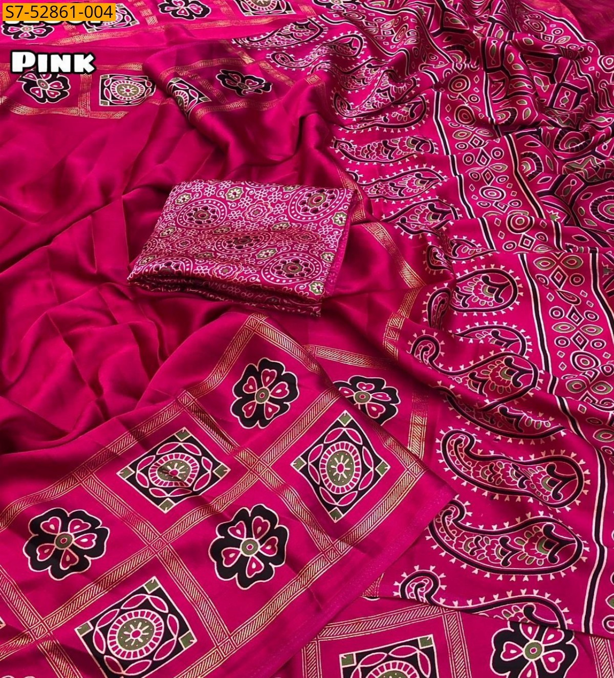 Pink Satin Geometrical Foil Printed Saree