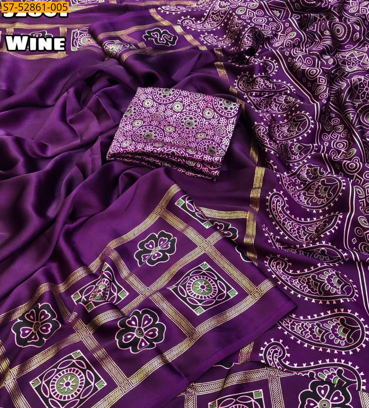 Wine Satin Geometrical Foil Printed Saree