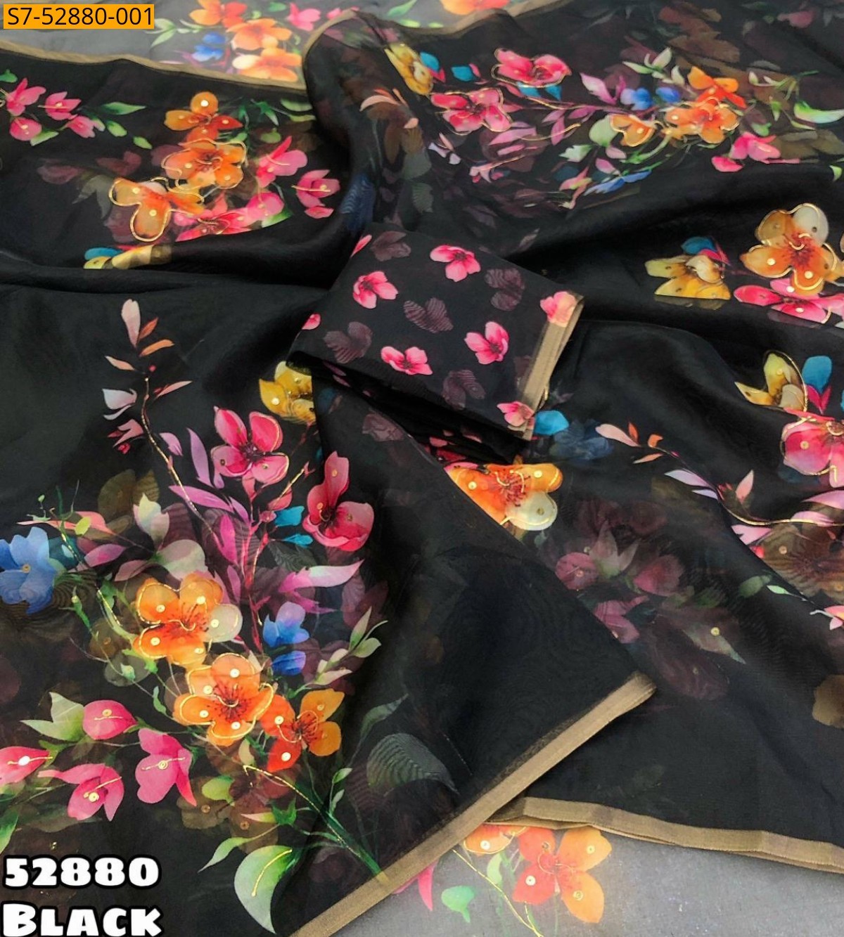 Black Fancy Organza floral digital printed saree