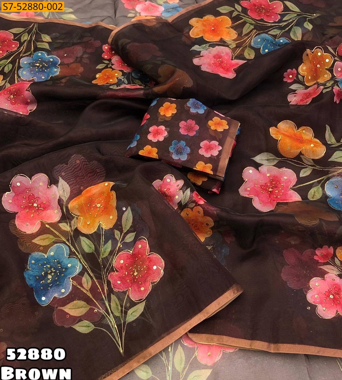 Brown Fancy Organza floral digital printed saree
