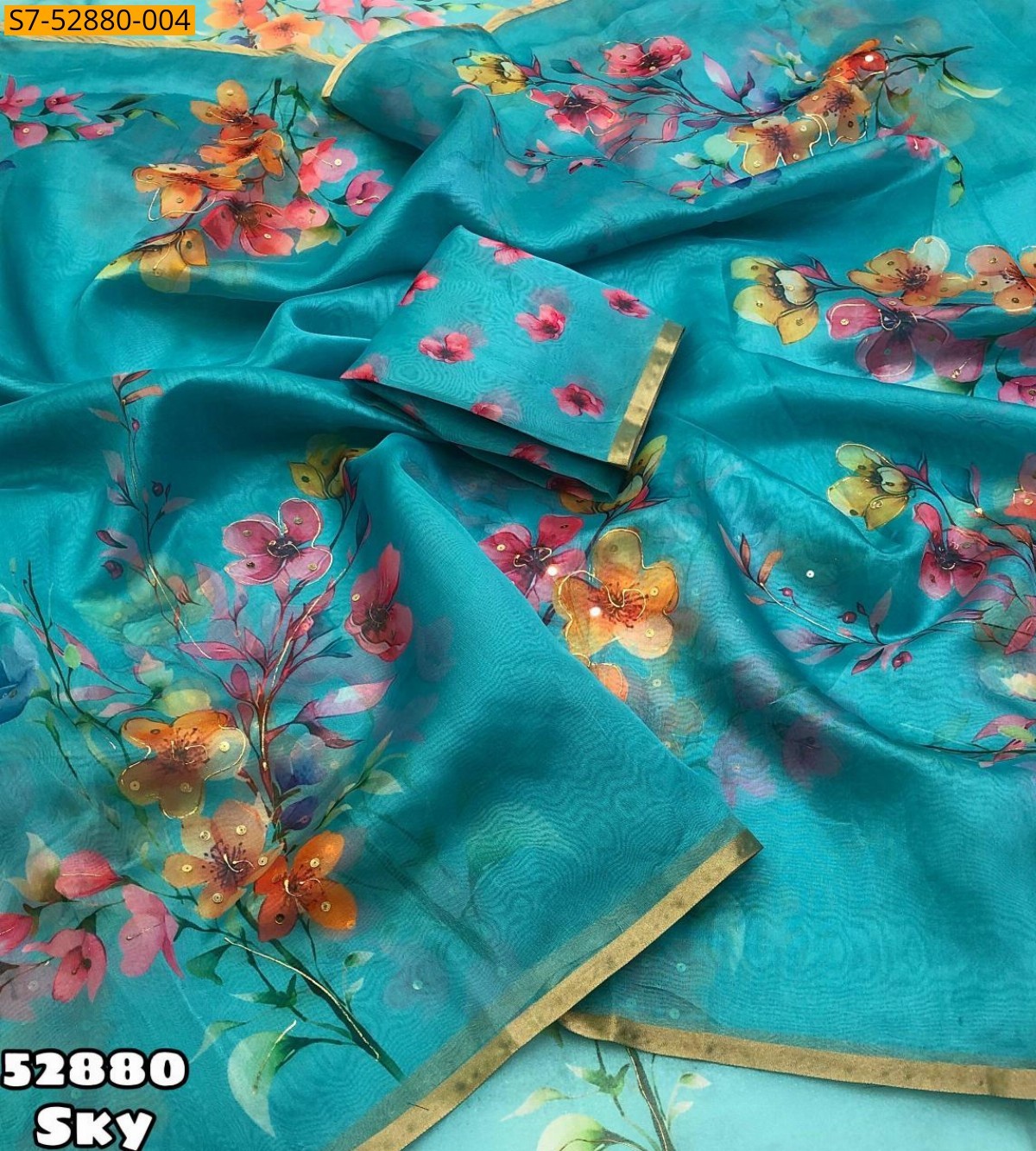 Sky Blue Fancy Organza floral digital printed saree
