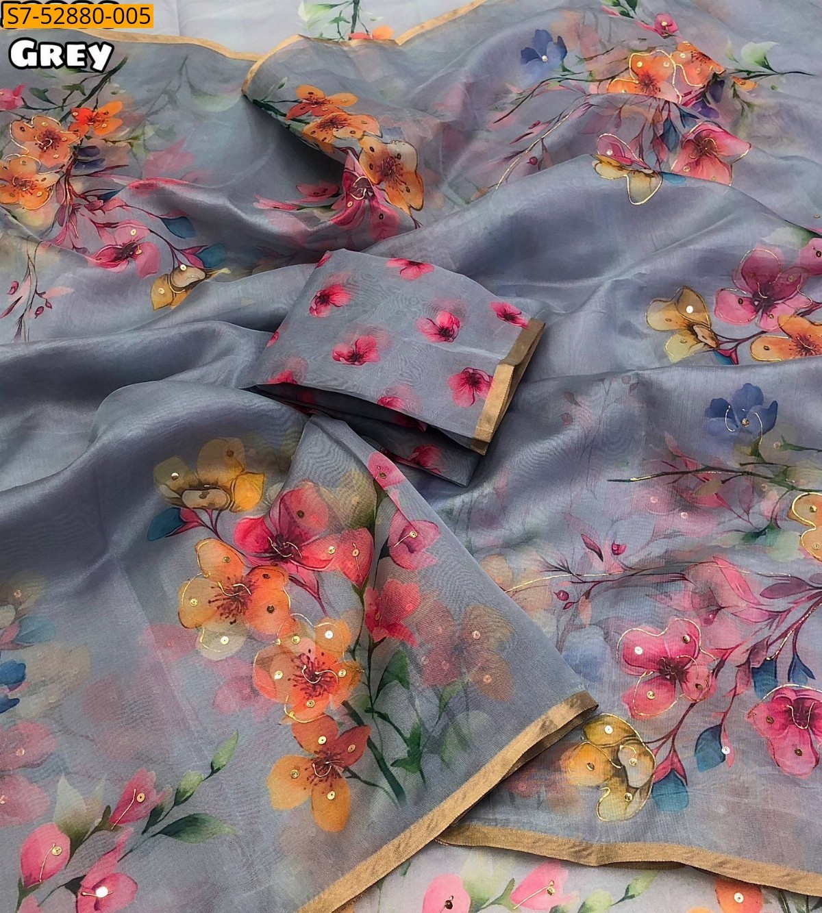 Gray Fancy Organza floral digital printed saree