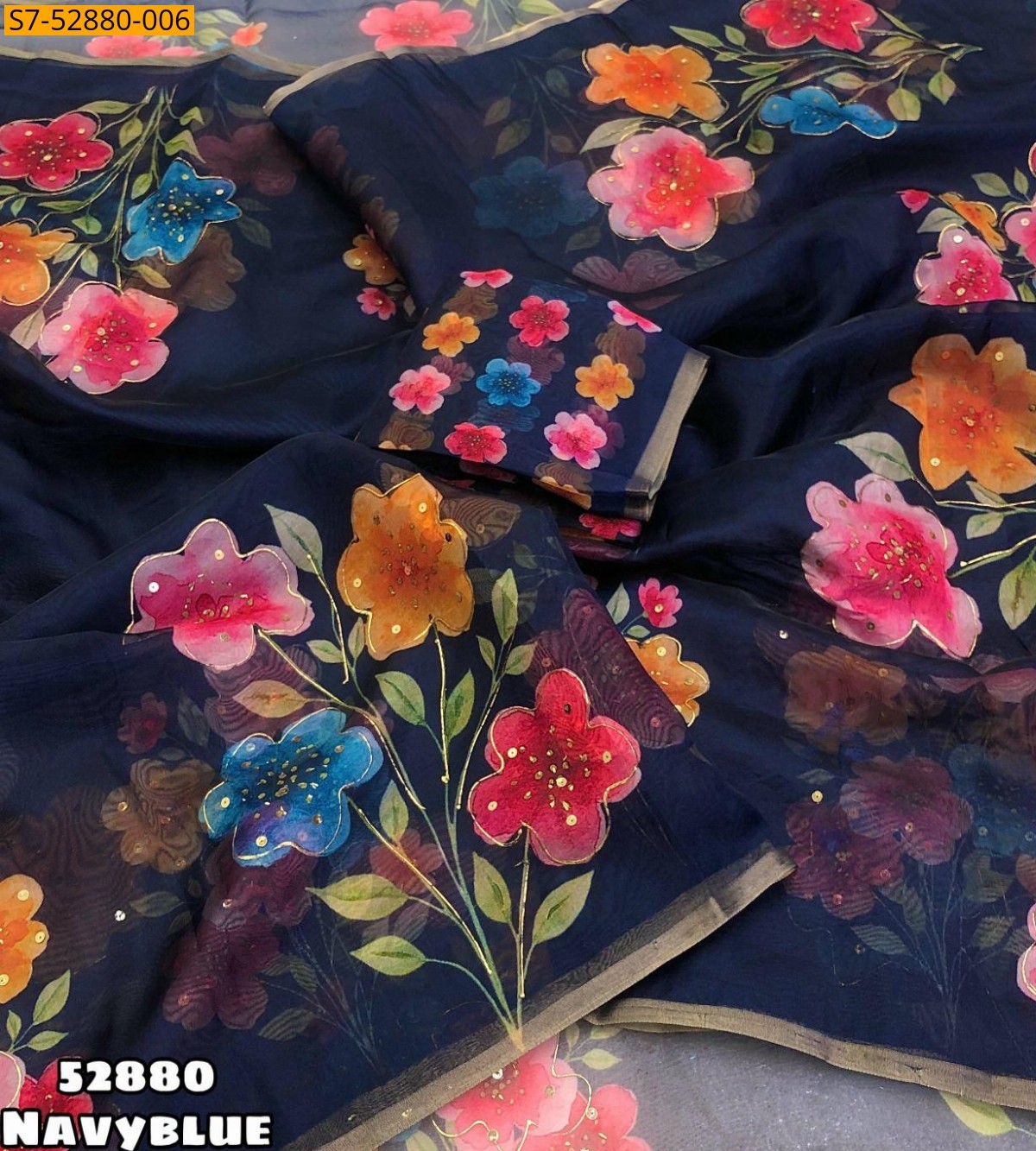 Navy Blue Fancy Organza floral digital printed saree