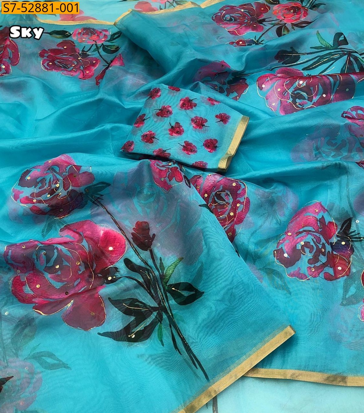 Sky Blue Fancy Organza Printed saree
