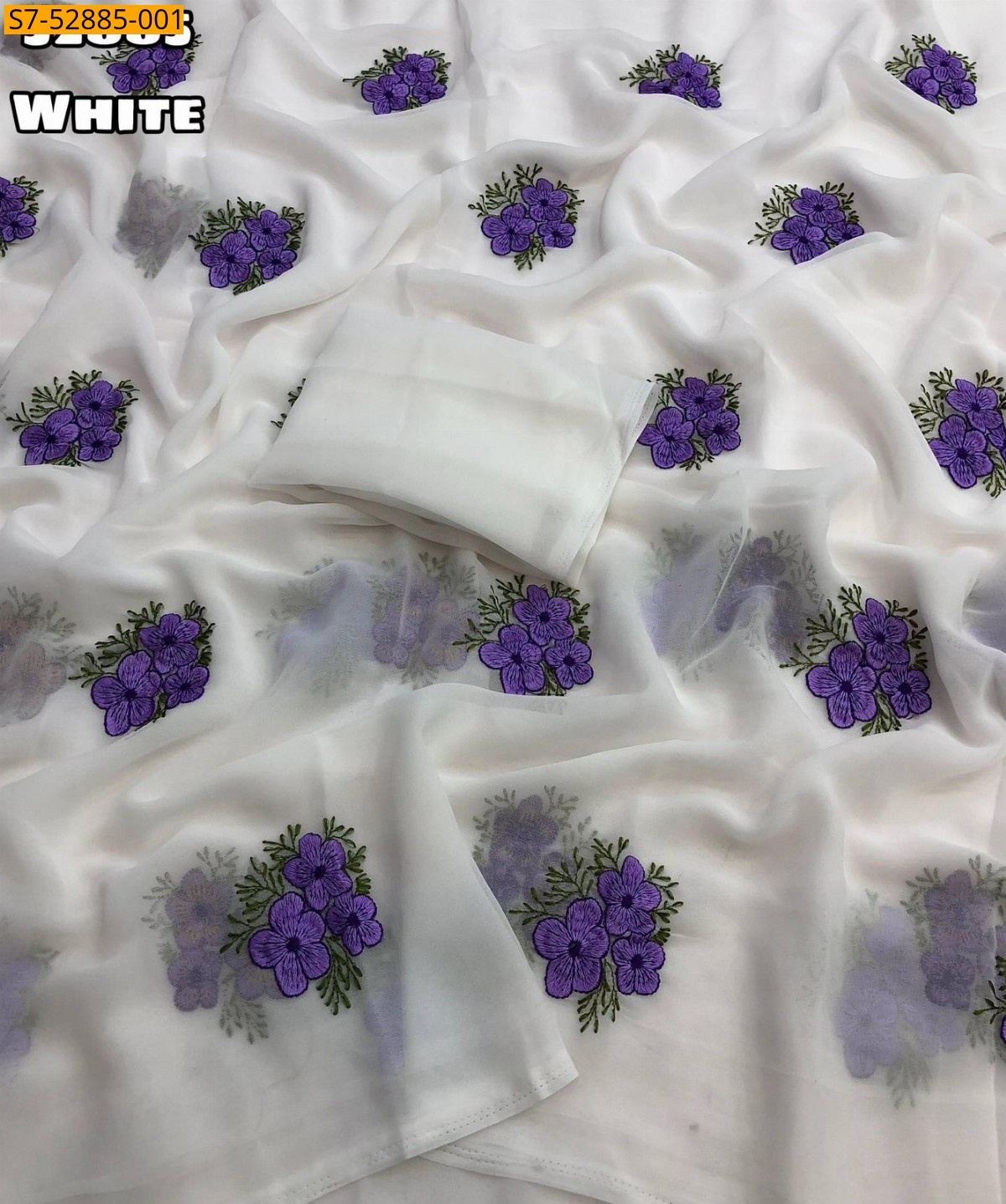 White Fancy Georgette Floral Embroidery Saree