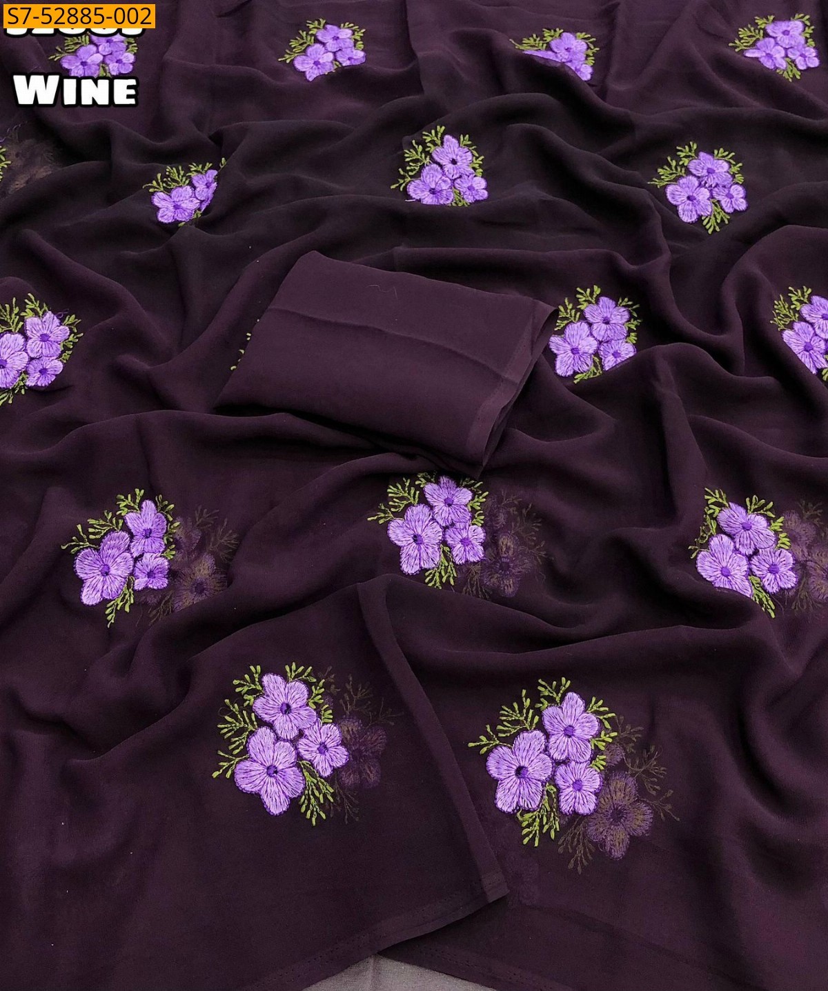 Wine Fancy Georgette Floral Embroidery Saree