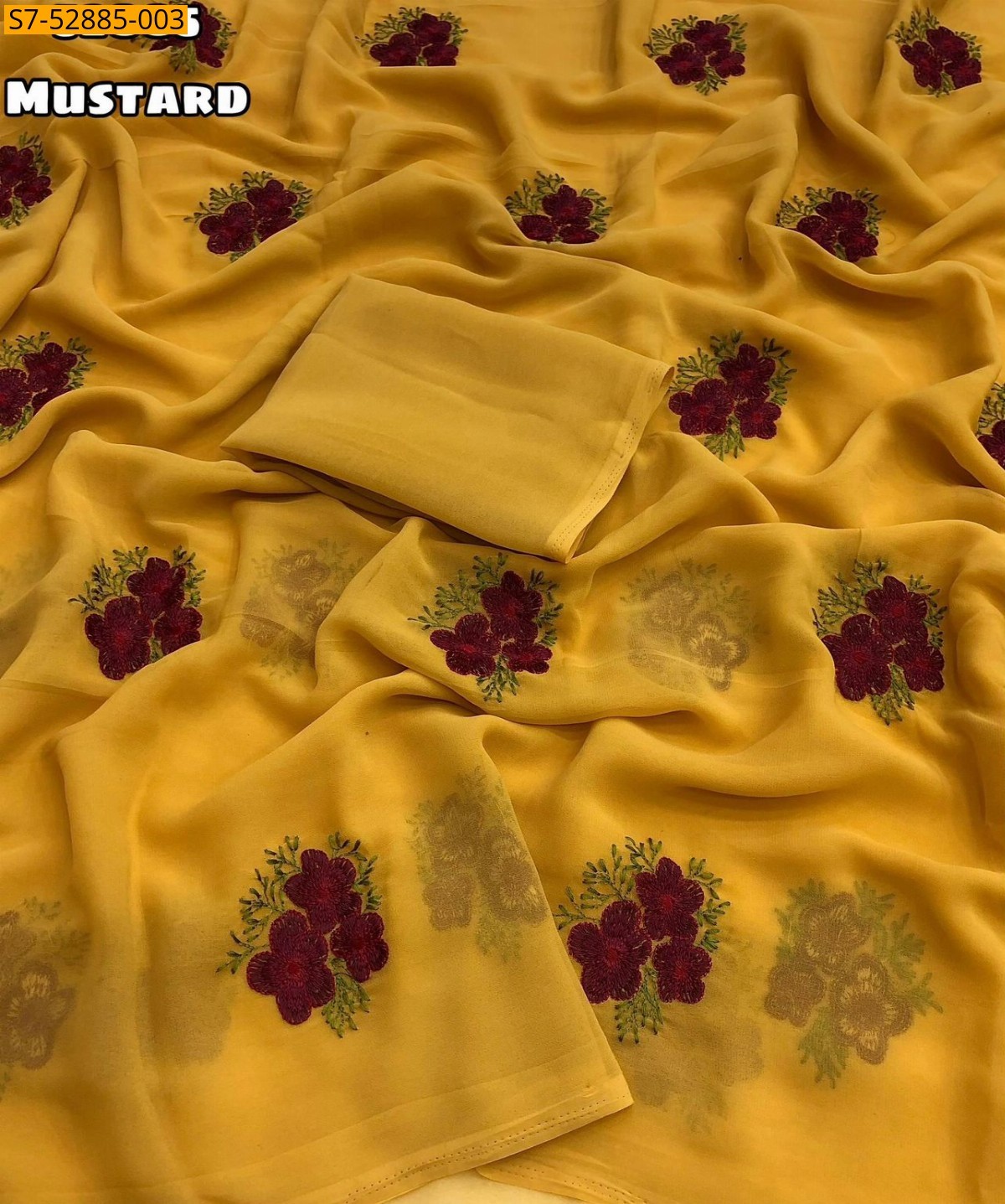Mustard Fancy Georgette Floral Embroidery Saree