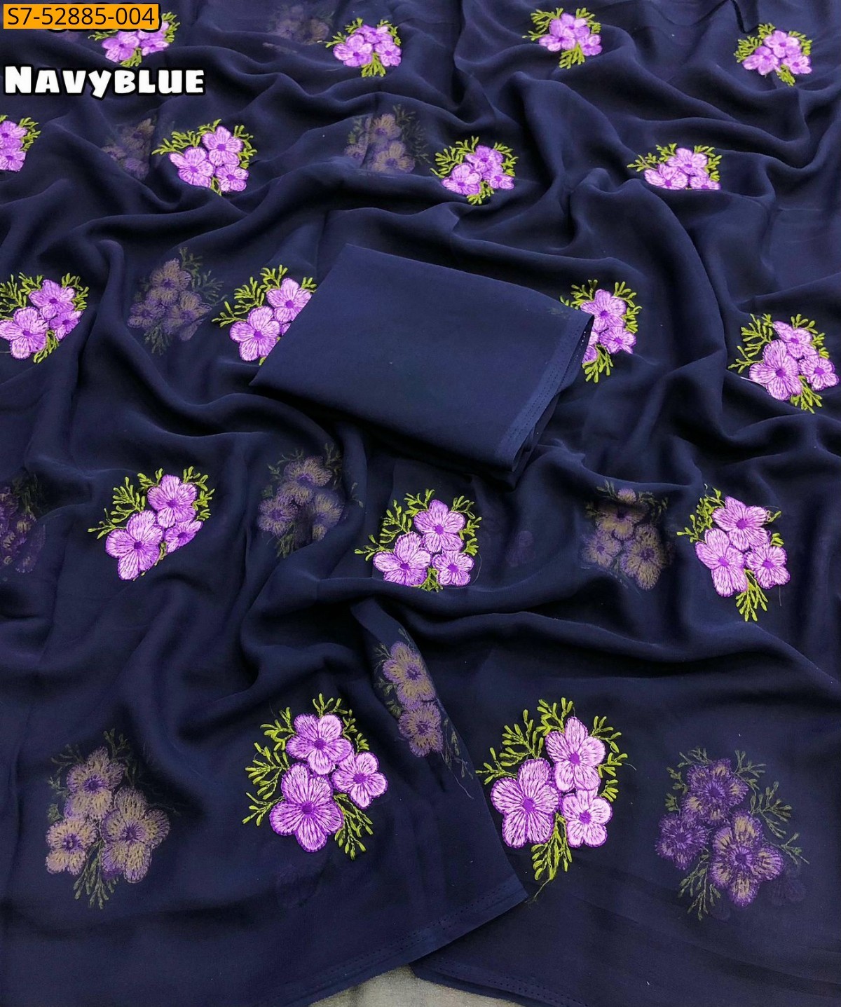 Navy Blue Fancy Georgette Floral Embroidery Saree