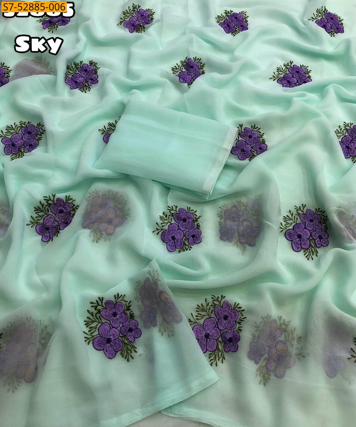 Sky Fancy Georgette Floral Embroidery Saree