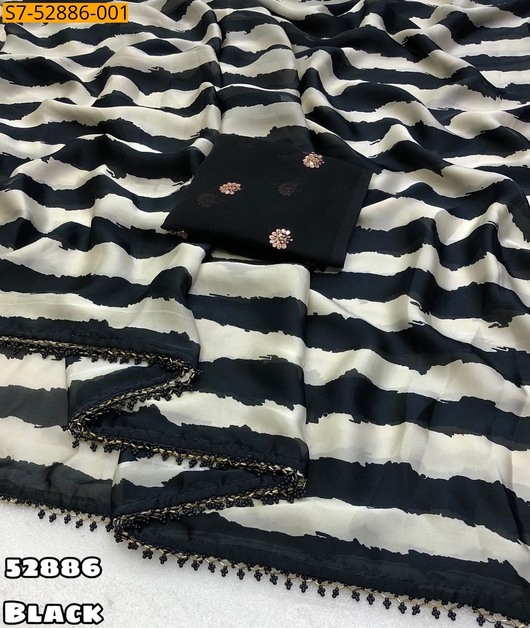 Satin Georgette Gemotrical Print saree - Black