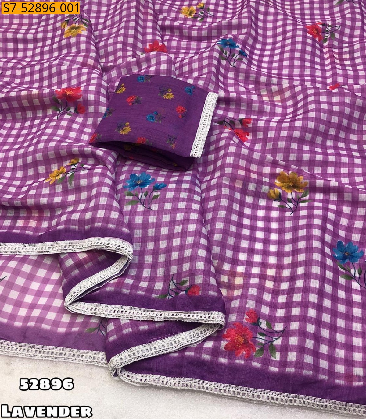 Lavender Soft Linen Checks Saree