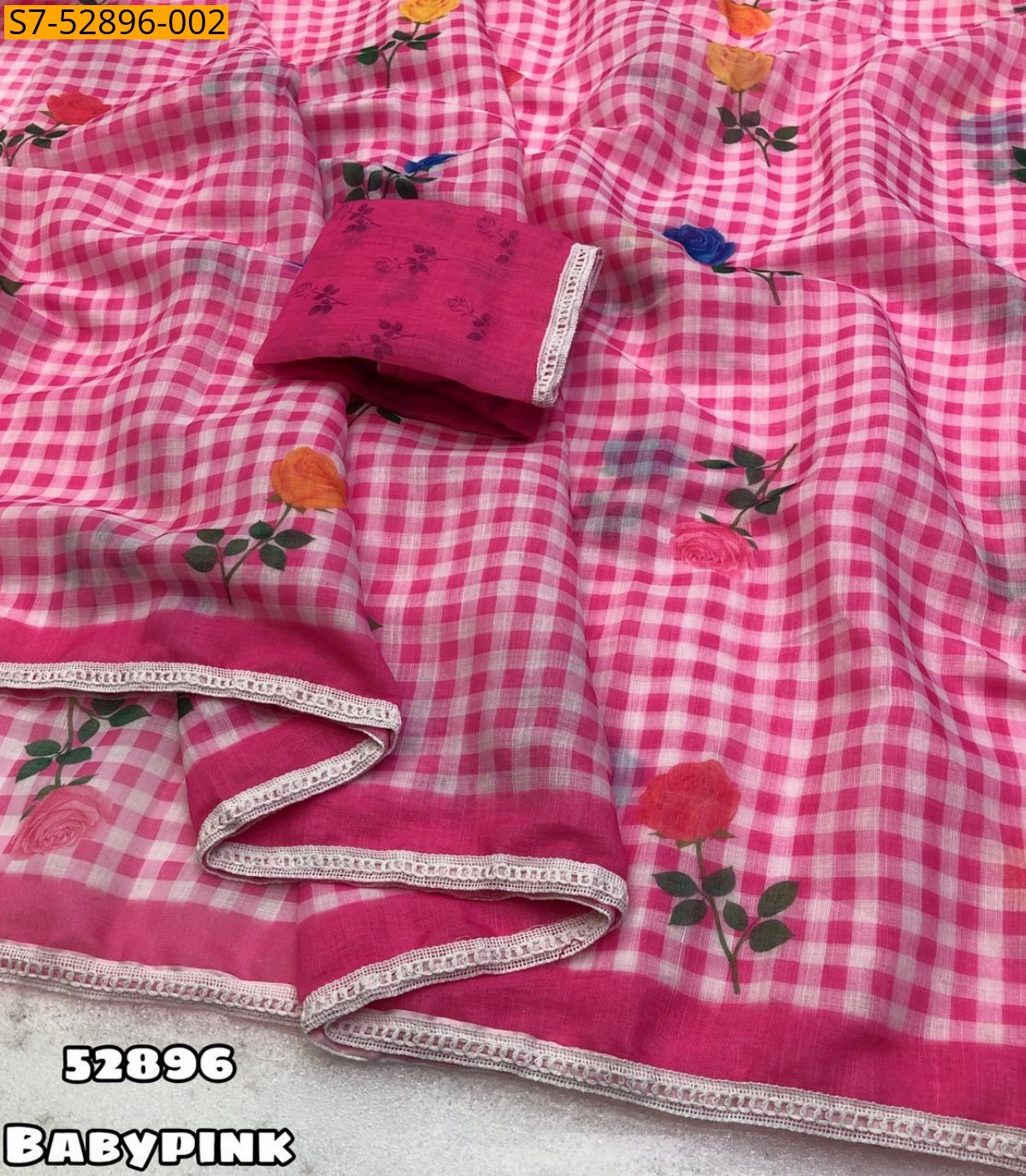 Baby Pink Soft Linen Checks Saree