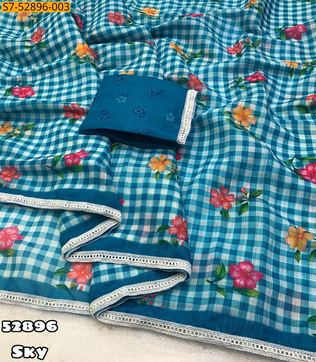 Sky Blue Soft Linen Checks Saree
