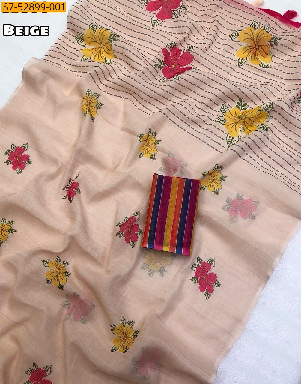 Beige Soft Linen Floral Printed Saree