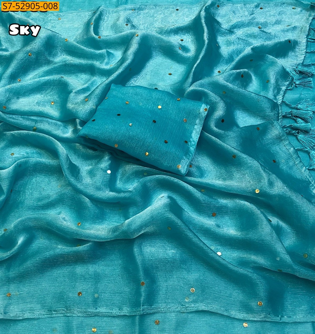 Sky Blue Fancy Fendy Chiffon Mirror Work Saree