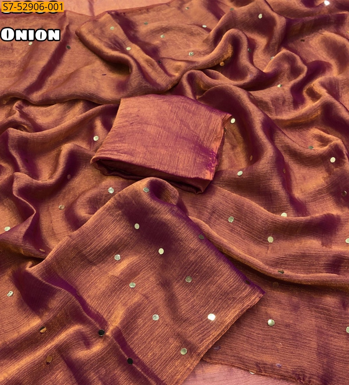 Onion Pink Fancy Fendy Chiffon mirror work Saree