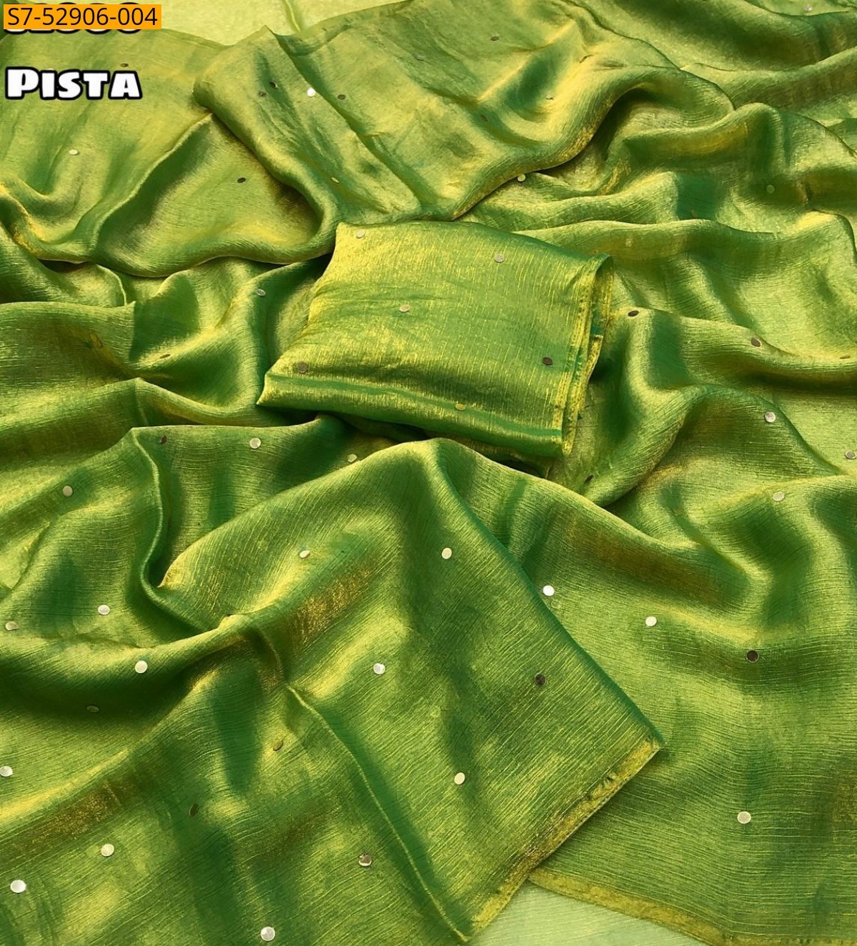 Pista Green Fancy Fendy Chiffon mirror work Saree