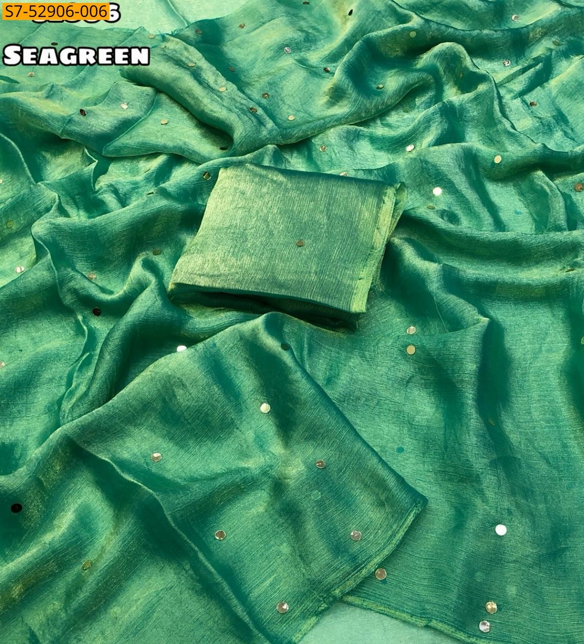 Sea Green Fancy Fendy Chiffon mirror work Saree
