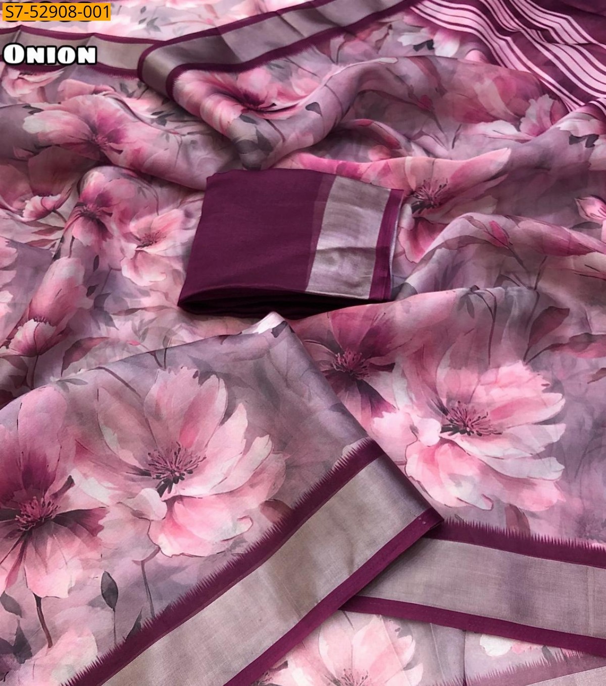 Onion Pink Fancy Organza Floral Digital Print Saree