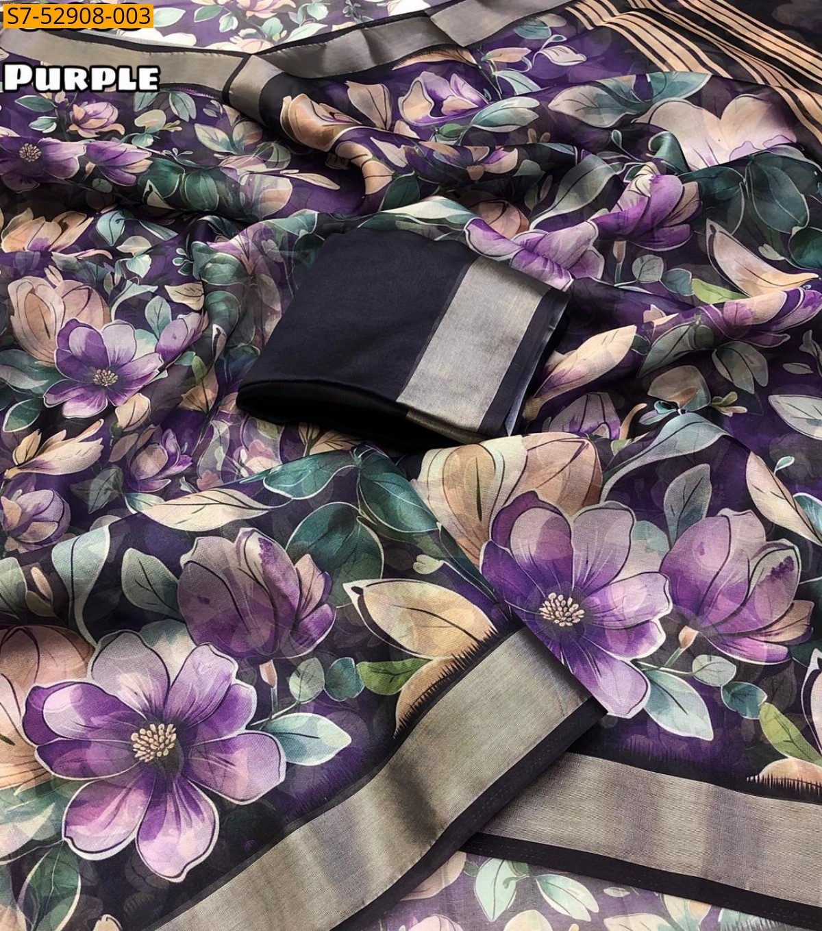 Purple Fancy Organza Floral Digital Print Saree