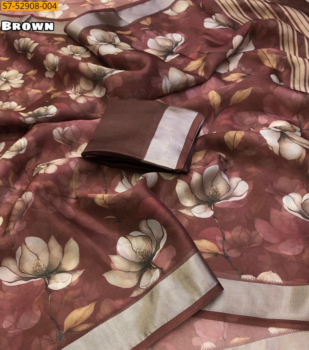Brown Fancy Organza Floral Digital Print Saree