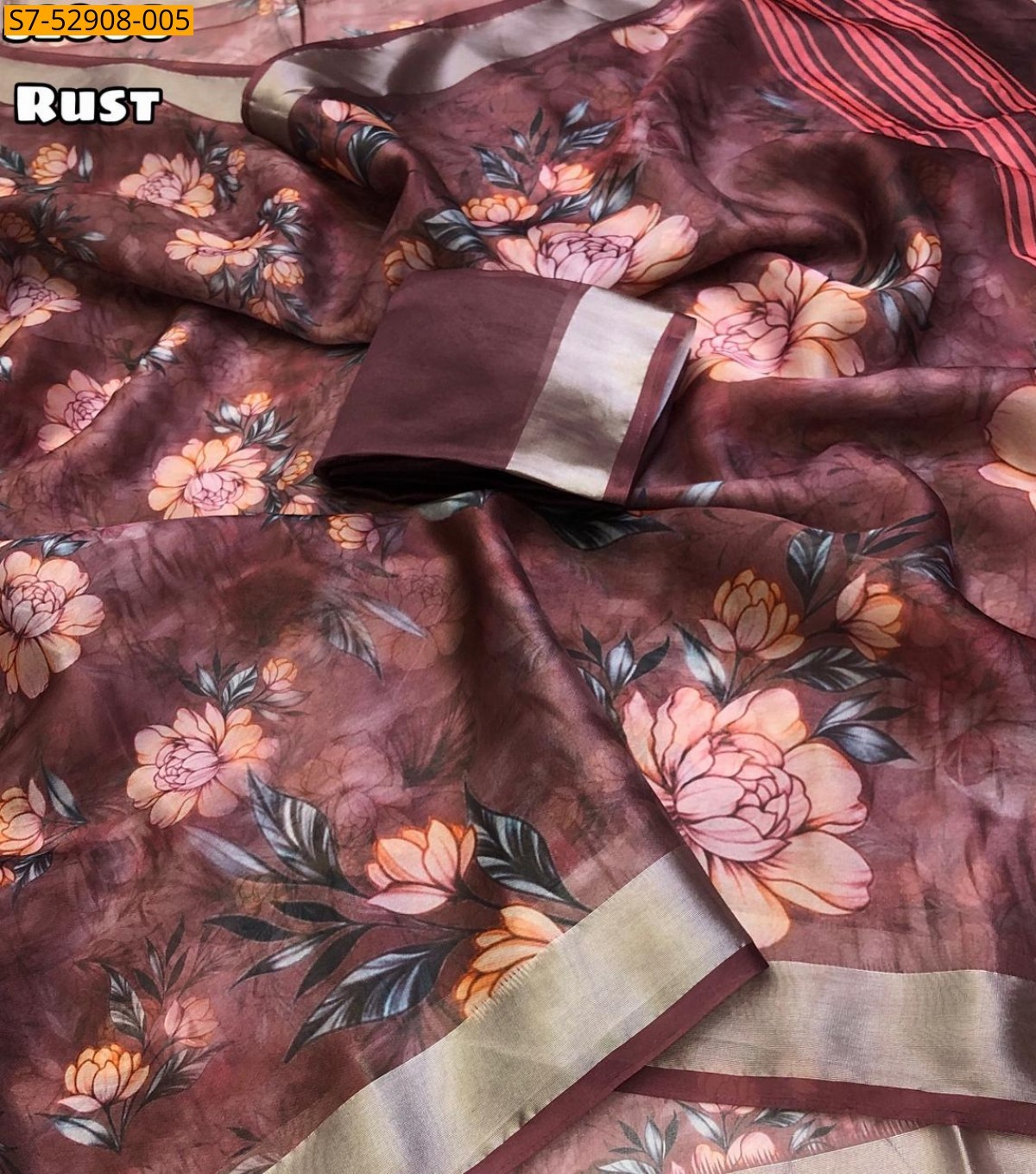 Rust  Fancy Organza Floral Digital Print Saree
