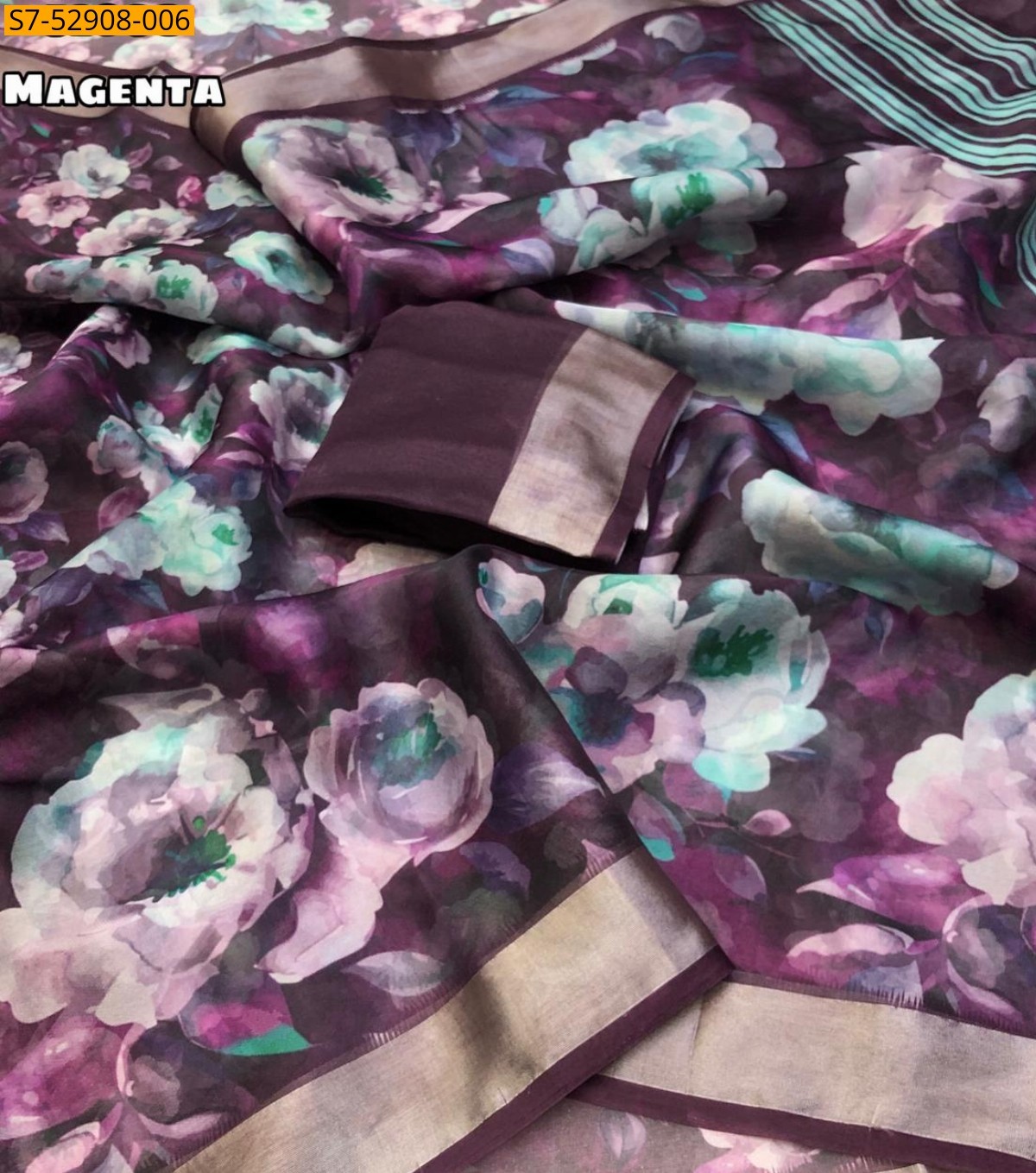 Magenta Fancy Organza Floral Digital Print Saree