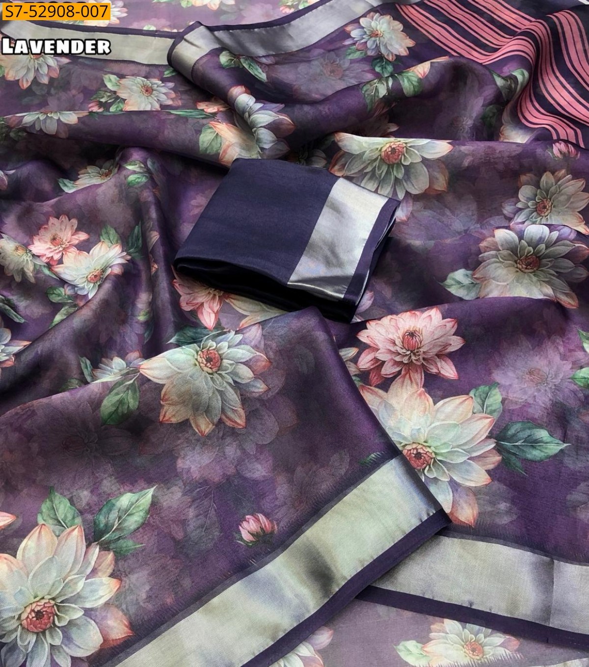 Lavender Fancy Organza Floral Digital Print Saree