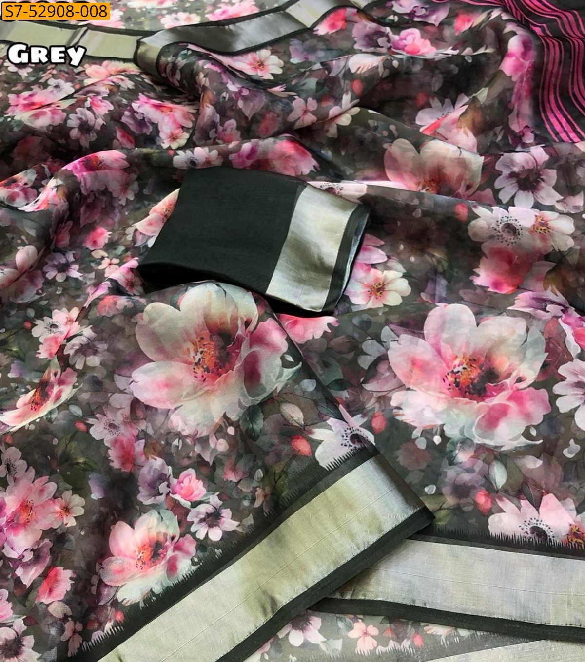 Gray Fancy Organza Floral Digital Print Saree