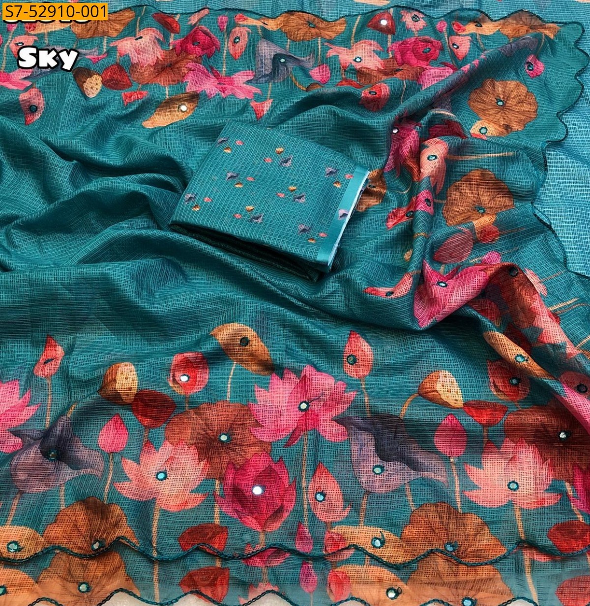 Sky Blue Fancy Soft Kota Checks Sarees