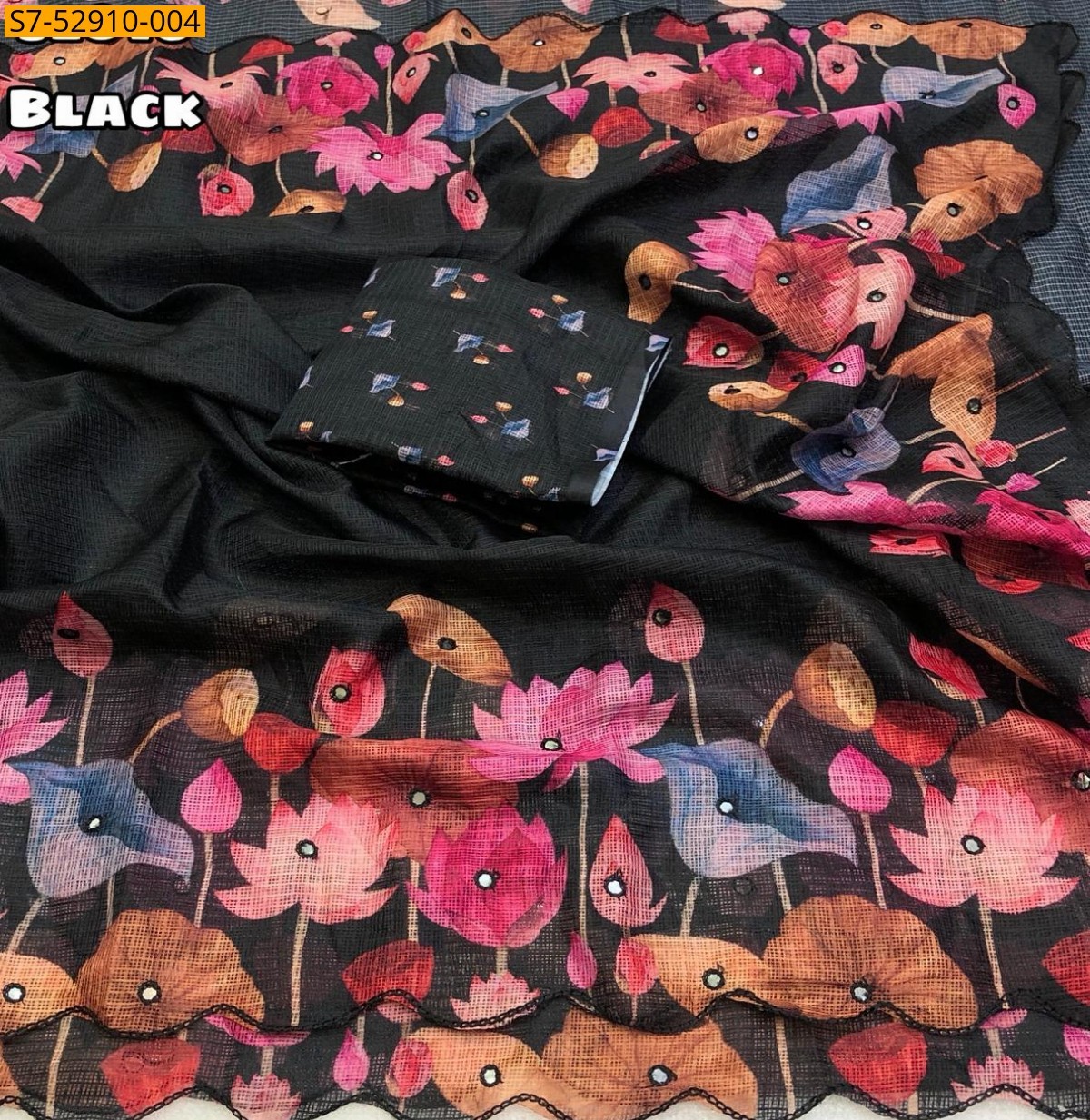 Black Fancy Soft Kota Checks Sarees