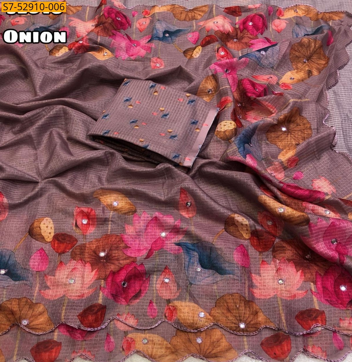 Onion Pink Fancy Soft Kota Checks Sarees