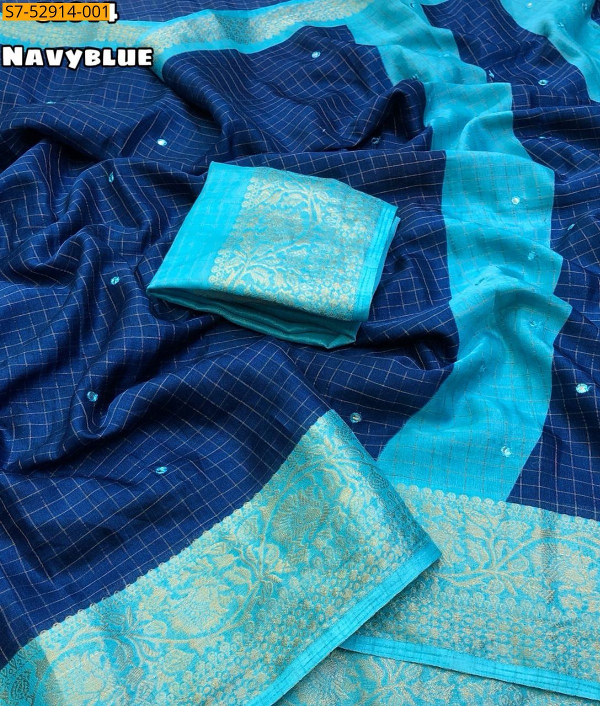 Navy Blue Fancy Dola check Printed Saree