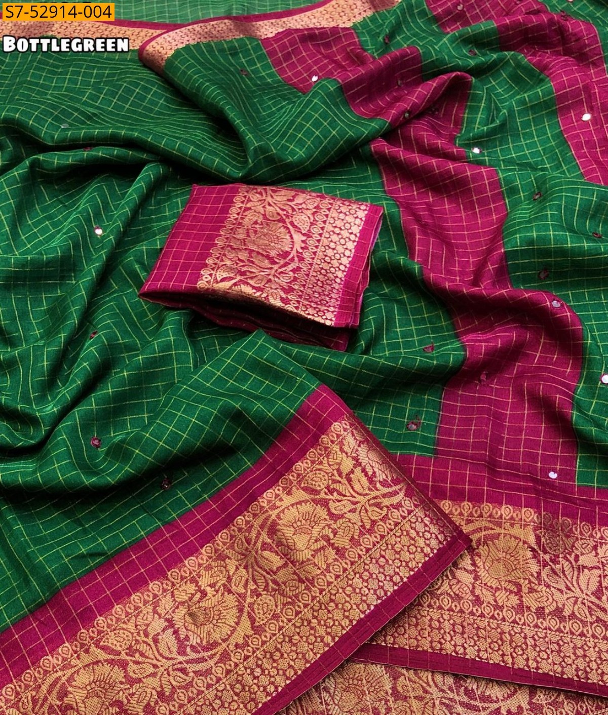 Bottle Green Fancy Dola check Printed Saree