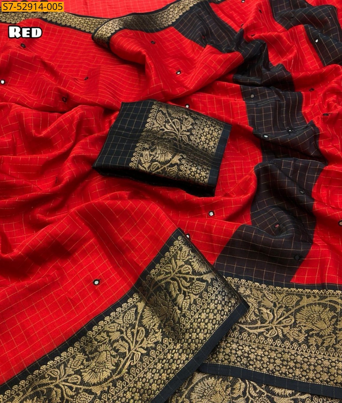Red Fancy Dola check Printed Saree