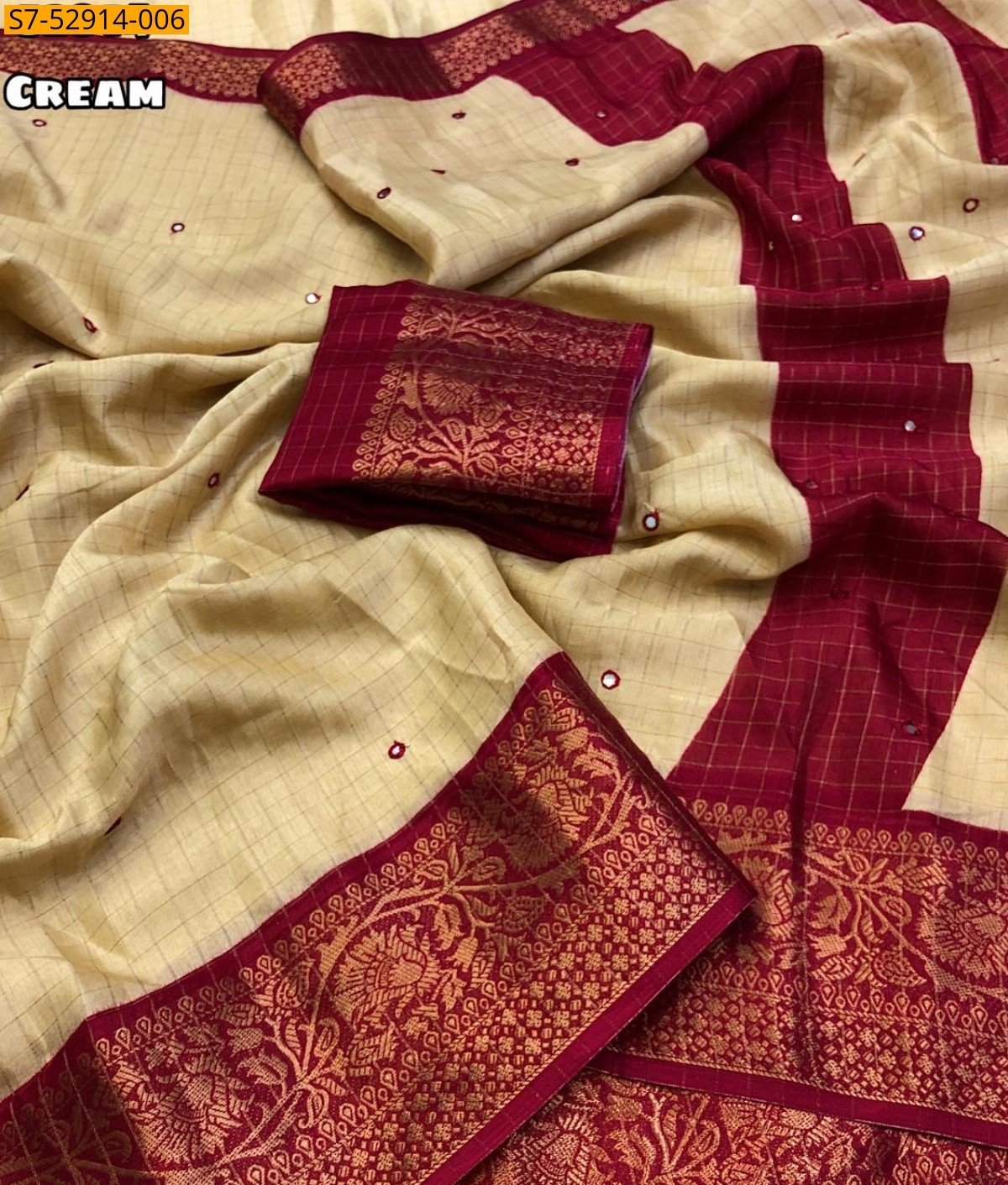 Cream Fancy Dola check Printed Saree